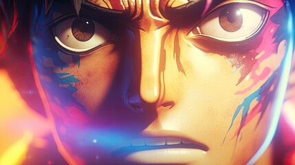 Close-up of an intense anime character with colorful markings.