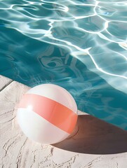 Obraz premium Close Up of a peach fuzz and white Beach Ball by the Poolside. Colorful Summer Wallpaper