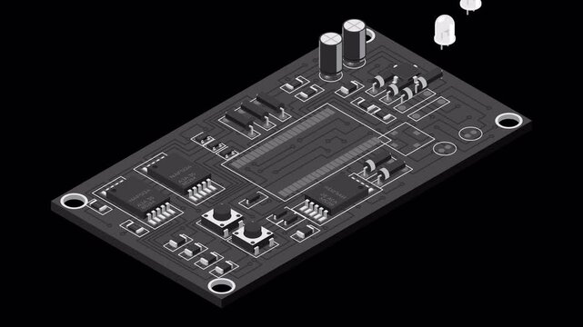 Isometric electronic board animation. Isometric printed circuit board with electronic components. Electronic components and integrated circuit board. Transparent background with alpha channel