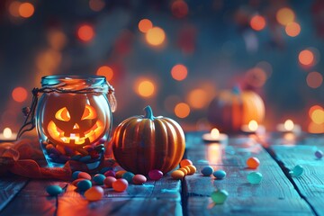 Halloween pumpkins and candy under twinkling lights, creating a warm, spooky ambiance