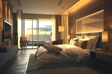 Luxury modern and contemporary hotel room interior, Cozy modern bedroom suite, Big double bed