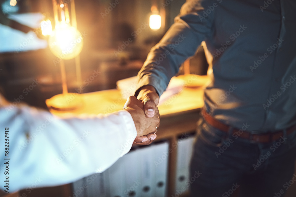 Sticker Team, business people and shaking hands for helping, introduction and meeting at night in office. Corporate career, employees and partnership with handshake for welcome, project deal and thank you