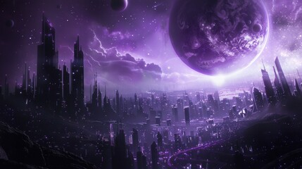 Futuristic Cityscape Under a Purple Sky