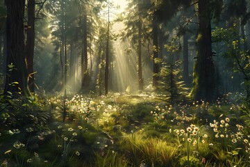 Obraz premium Sunlight streaming through a lush forest with blooming wildflowers and dense green foliage.