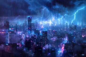 Night cityscape with neon-lit skyscrapers during a thunderstorm.