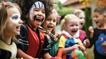 Diverse Group of Kids in Halloween Costumes Laughing and Celebrating Outdoors