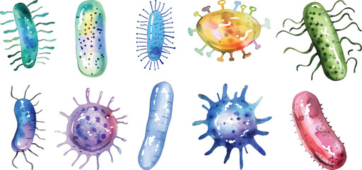 Set collection of bacteria virus disease microbes germs hand drawn watercolor design resources elements