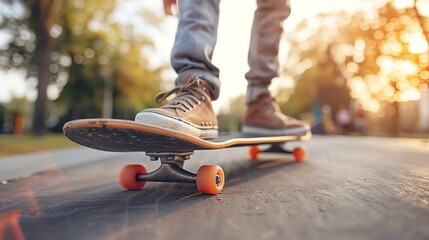 Close-up of a skateboarder's feet on a skateboard at the park during sunset, capturing the essence of outdoor activity and youthful adventure.