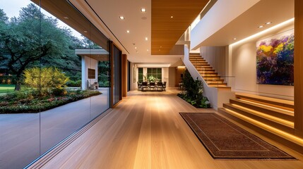 Fototapeta premium A contemporary hallway with wooden finishes, minimalist decor, and a warm ambiance.