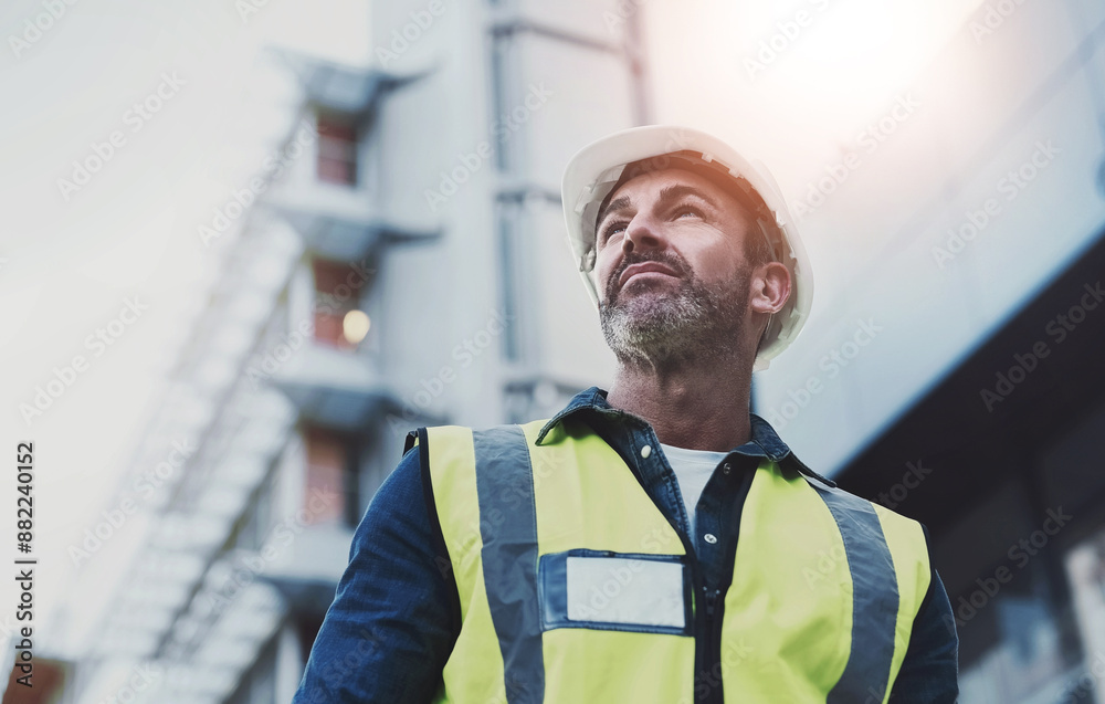 Poster man, construction and architect thinking outside, building vision and plan or property development. 