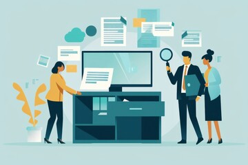 three people searching for documents in a file cabinet, one person holding a magnifying glass and two others standing near a floating document folder with a computer screen Generative AI