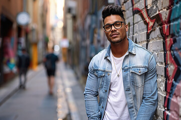Fototapeta premium Young man with glasses posing against graffiti wall