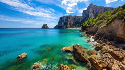 Fototapeta premium A stunning coastal landscape with rugged cliffs and clear blue waters under a bright sky.