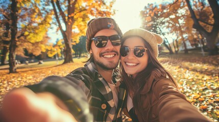 Happy couple taking a selfie in a park during a beautiful autumn day, surrounded by vibrant fall foliage and sunlight.