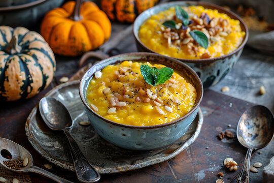 Pumpkin Soup, Tasty Homemade Pumpkin, Sweet Potato or Carrot Soup in a Bowl on Bright Background