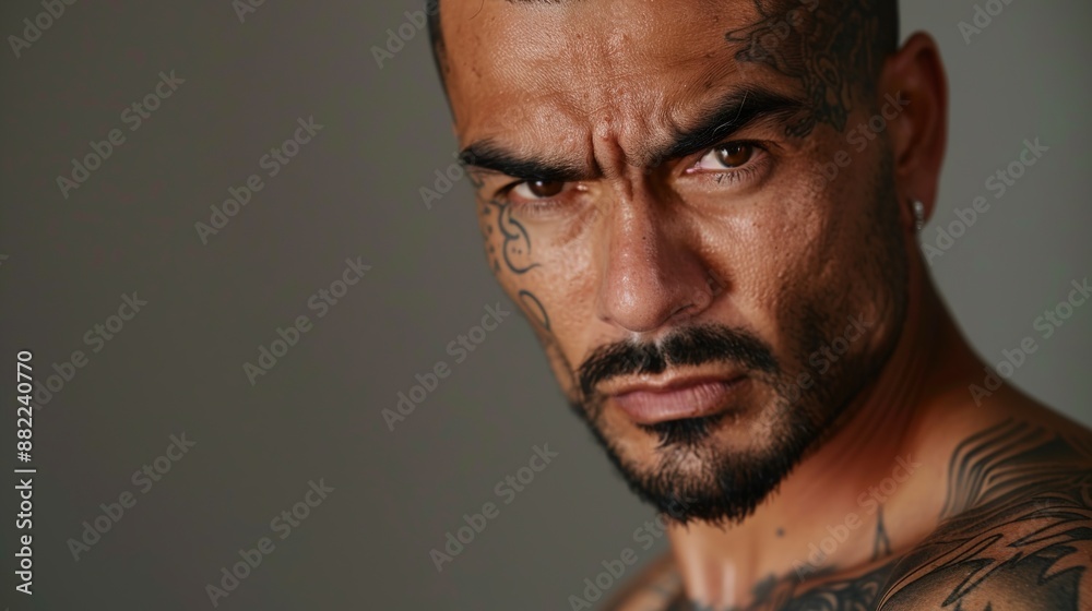 Canvas Prints Angry serious tattooed shirtless latino man looking at the camera on gray background headshot mugshot