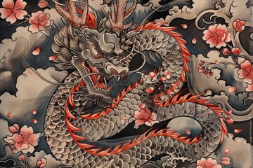 A traditional Japanese tattoo design featuring a majestic dragon coiled around cherry blossoms.