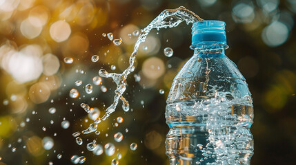 Water splashes from a plastic bottle with bokeh background, capturing the dynamic movement and refreshing nature of water.