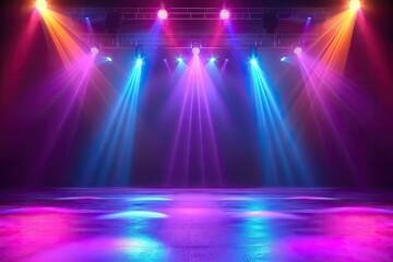 Empty Stage Podium with Colorful Spotlights Glowing, Bright Rays on Black Background for Product Presentation