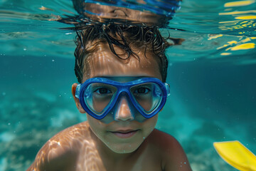 Fototapeta premium Underwater portrait of a child wearing blue goggles