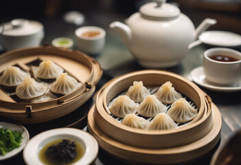 Fototapeta premium Xiao long bao with black truffle and vinegar in a bamboo steamer with a pot of green tea in a luxuri. 