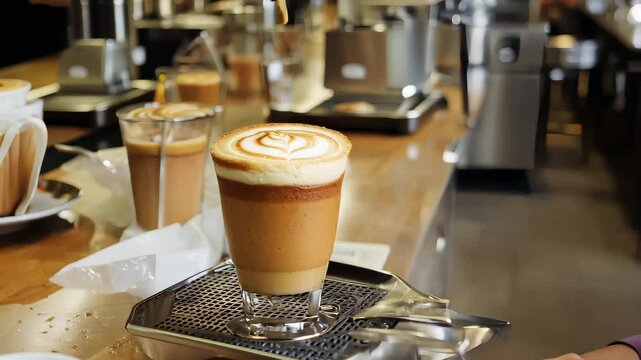 Baristas working behind the counter, serving customers and making latte art in a busy coffee shop
