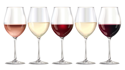 Set of white, rose, and red wine glasses isolated on withe background