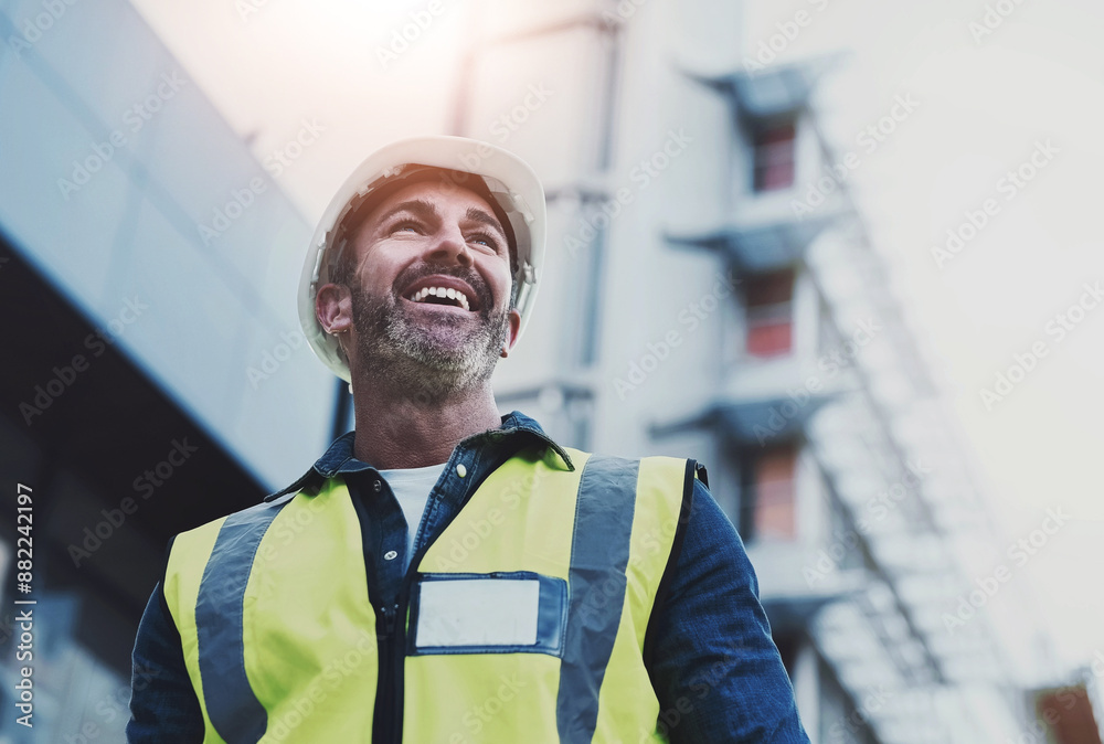 Poster man, construction and architecture thinking outside, building vision and plan or property developmen