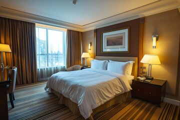 Luxury modern and contemporary hotel room interior, Cozy modern bedroom suite, Big double bed