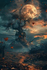 Enchanted Treehouse Under Full Moon with Autumn Leaves and Mystical Atmosphere