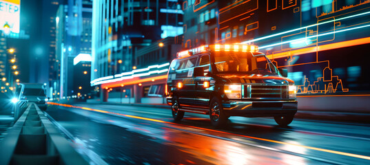 An ambulance with flashing lights and a siren blares speeds along a city street, illuminated by neon lights and futuristic data displays