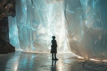 Silhouette of Person Standing in Front of Large Translucent Sheets in an Artistic Installation