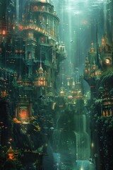 Enchanting Underwater Cityscape with Illuminated Buildings and Marine Life