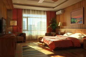 Obraz premium Luxury modern and contemporary hotel room interior, Cozy modern bedroom suite, Big double bed