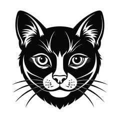 Black & White Silhouette Vector of Cat Face, Minimalist Cat Head Illustration