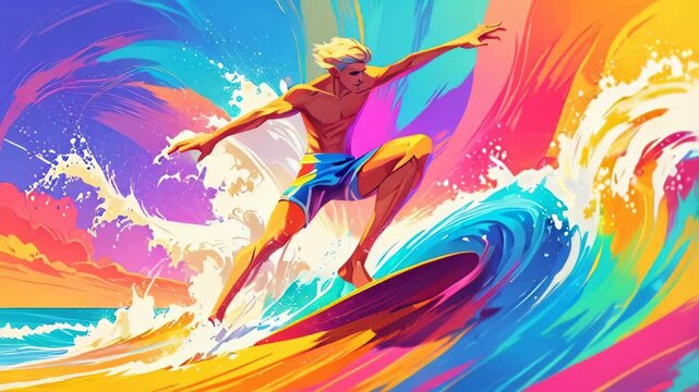 Cartoon Illustration of a surfer catching a wave. Bright colors. The concept of active lifestyle, sports, summer holidays, hobbies. AI