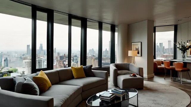Modern Living Room with Panoramic City View and Curved Sofa