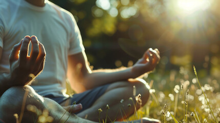 Man meditating in a sunlit meadow, hands in mudra position, capturing the essence of tranquility and connection with nature.