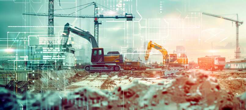 A modern construction site with cranes, excavators, and trucks, all seamlessly integrated with digital data displays, holographic progress graphs, and user interface elements