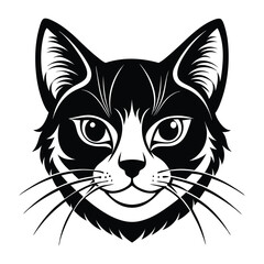Black & White Silhouette Vector of Cat Face, Minimalist Cat Head Illustration