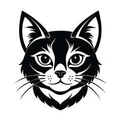 Black & White Silhouette Vector of Cat Face, Minimalist Cat Head Illustration