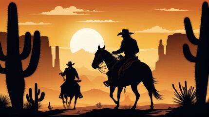 Silhouettes of Cowboys Riding Horses Against a Sunset Sky