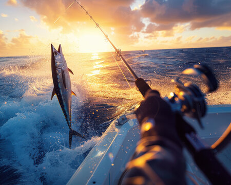 Point of view of a big fishing rod with a luxury reel and a big fish jumping in the air