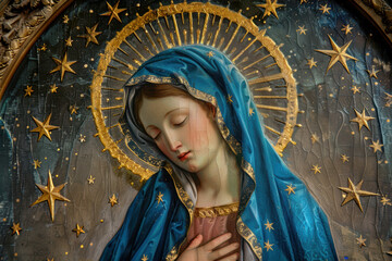 the holy mother, with blue veil, mother mary theme, gold stars around. AI generative.