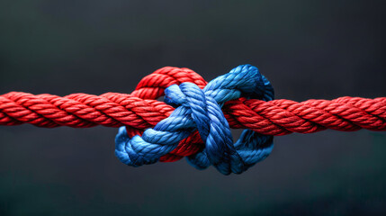 A close-up of a red and blue rope knotted together, symbolizing unity and strength