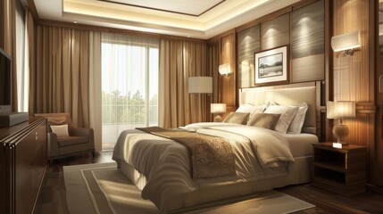 Luxury modern and contemporary hotel room interior, Cozy modern bedroom suite, Big double bed