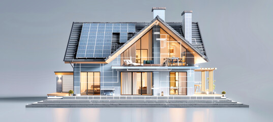 A modern, technologically advanced home with solar panels on the roof, showcasing a digital overlay displaying real-time energy data