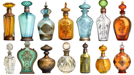 group of perfume bottles on a white background