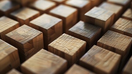 Obraz premium Close-up image of wooden blocks neatly arranged in a grid pattern, showcasing texture and craftsmanship with natural light.