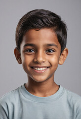 Portrait view of a regular happy smiling India boy, ultra realistic, candid, social media, avatar image, plain solid background